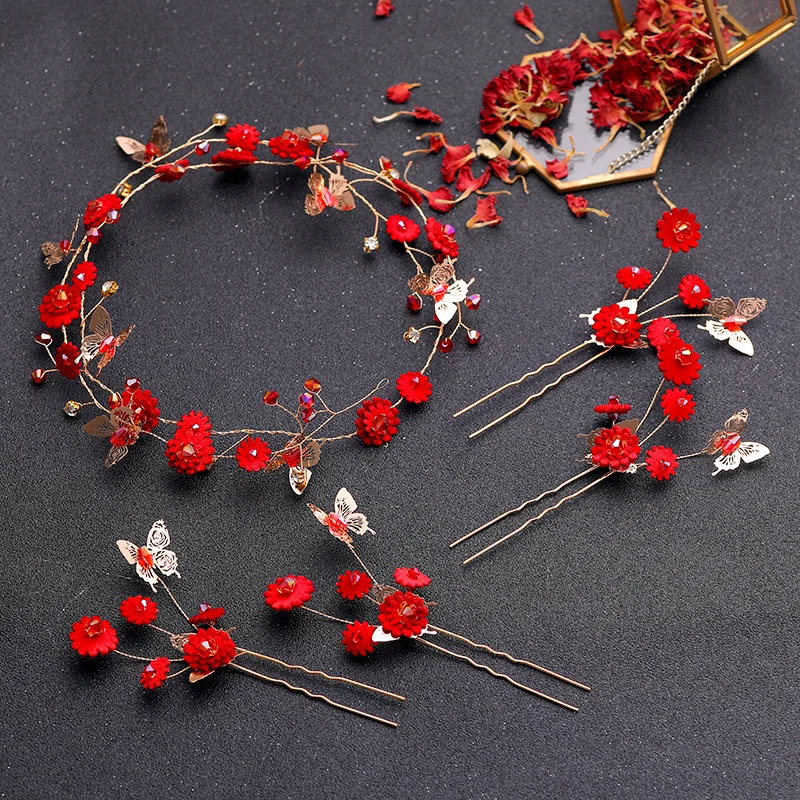 Gold Bride Hair Jewelry Crystal Butterfly Headband Hairpin Earrings Clip Red Flower Tiara Hairbands For Wedding Hair Accessories
Gold Bride Hair Jewelry Crystal Butterfly Headband Hairpin Earrings Clip Red Flower Tiara Hairbands For Wedding Hair Accessories