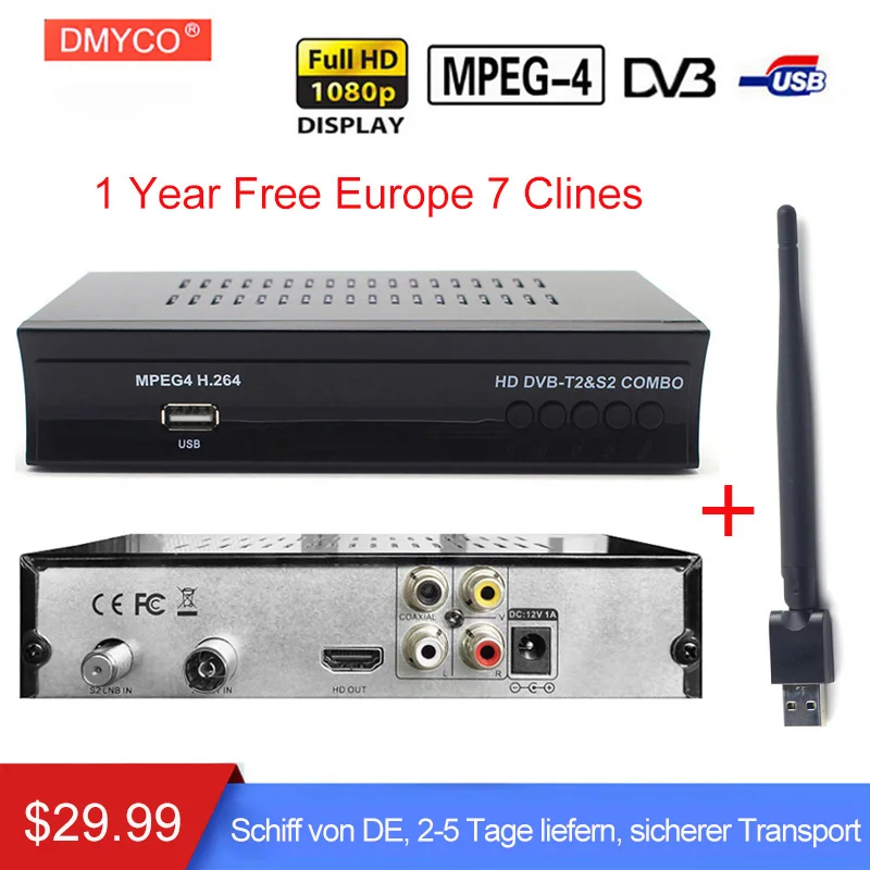 DMYCO Receptor DVB-S2 HD FTA Satellite Receiver With 1 Year 7 Clines USB WIFI 1080P lnb Portugal DVB-T2 DVB-S2 COMBO TV Receiver
DMYCO Receptor DVB-S2 HD FTA Satellite Receiver With 1 Year 7 Clines USB WIFI 1080P lnb Portugal DVB-T2 DVB-S2 COMBO TV Receiver