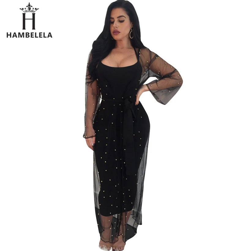 HAMBELELA Runway Maxi Dress 2018 Long Sleeve Two Piece Set Diamond Spring Dress 2 Pieces Sheer Mesh Party Dresses Women Outfits (2)