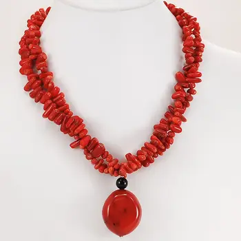 

Sea Blood Coral Chip Beads & Pendant Necklace with Silver Tone Toggle 16"