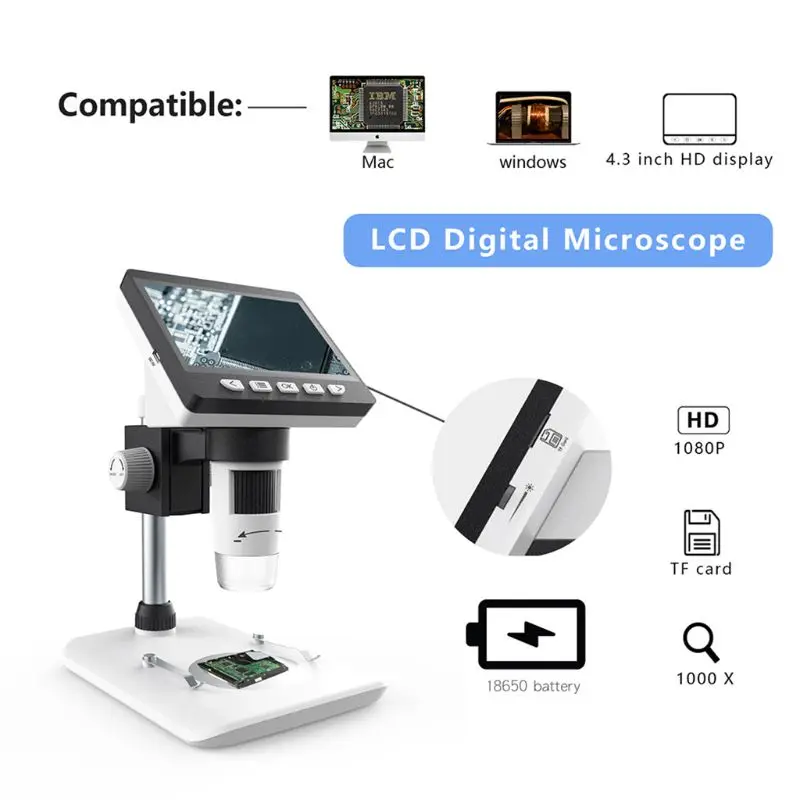 

4.3" LCD HD 1080P Digital Microscope 50X-1000X Magnification Camera Video Recorder for Mac Windows