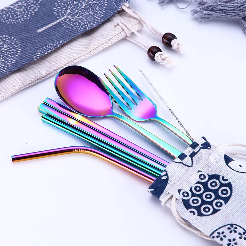 

YHBC Stainless Steel Dinnerware Set Spoon Fork Chopsticks Straw With Cloth Pack Cutlery For Travel Outdoor Office Picnic BBQ