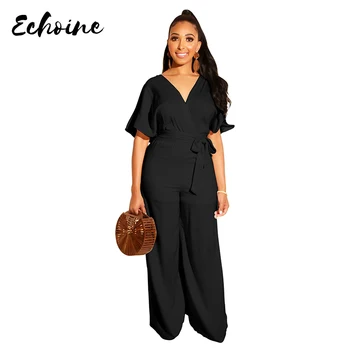 Echoine Women Casual Loose Jumpsuit Solid Color Short Sleeve V Neck High Waist Wide Leg Long Rompers Overalls with Belt Black
Echoine Women Casual Loose Jumpsuit Solid Color Short Sleeve V Neck High Waist Wide Leg Long Rompers Overalls with Belt Black