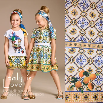 High - grade jacquard fabrics at the end of printing blue and white porcelain lemon national wind dress fabric