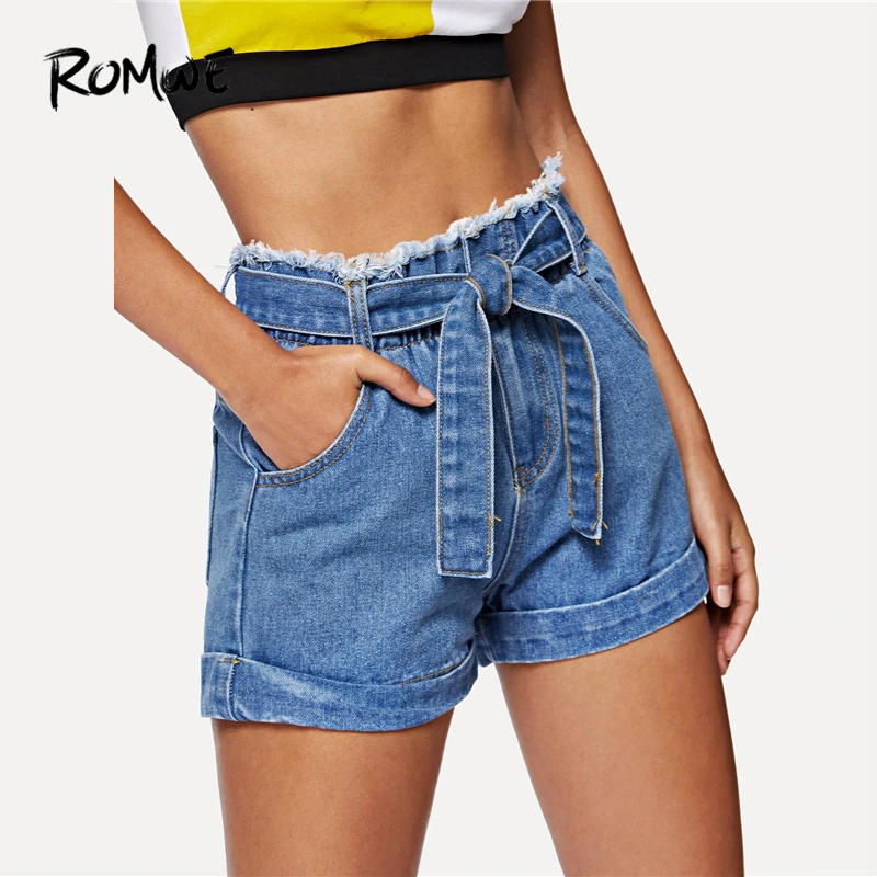 

ROMWE Frayed Edge Tie Waist Denim Shorts 2019 New Design Shorts Summer High Waist Button Fly Plain Shorts Blue Casual Shorts
