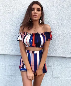 2018 new women's casual suit bubble sleeve color striped short-sleeved t-shirt + high waist wide leg shorts suit female
2018 new women's casual suit bubble sleeve color striped short-sleeved t-shirt + high waist wide leg shorts suit female