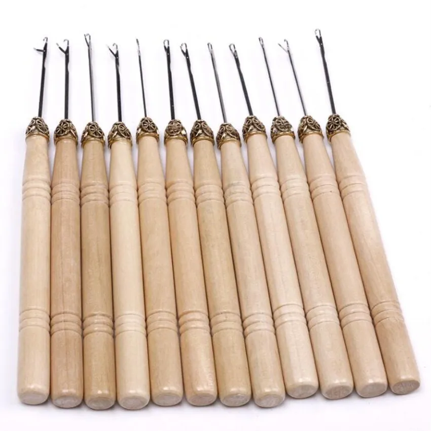12PCS Wood Handle Latch Crochet Hook Hair Weave Threader Pulling Needle For Braiding Extension Wig Craft Tools Hot | Шиньоны и парики