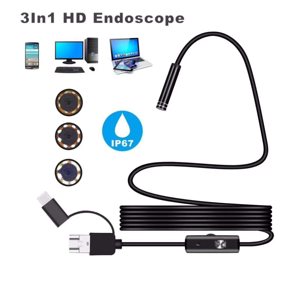 Мини эндоскоп Камера Android 5 мм микро Тип USB с портом типа c 3 в 1 компьютер Borescope
