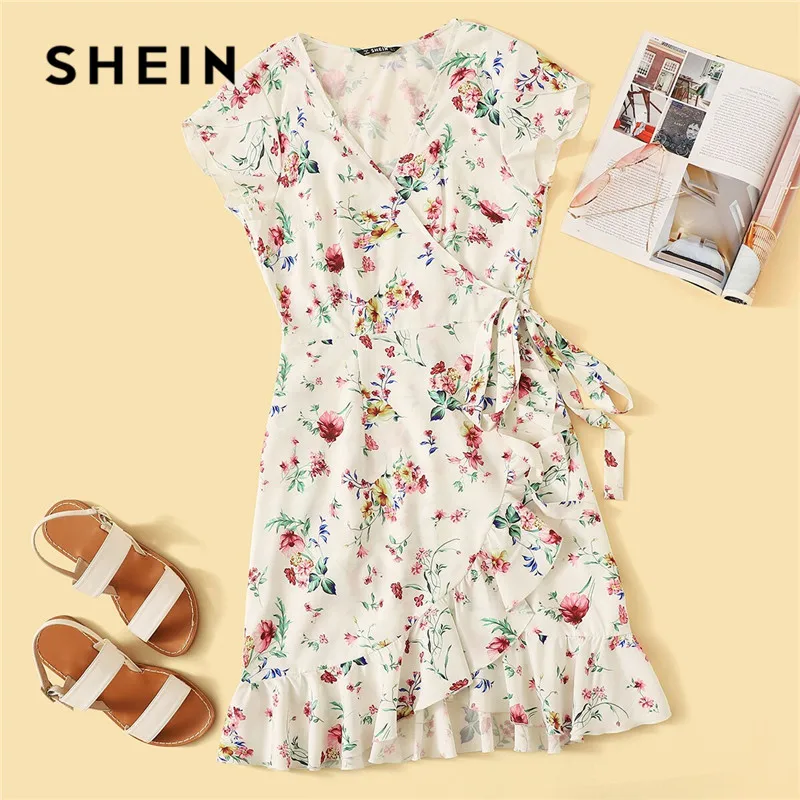 

SHEIN Ditsy Floral Print Ruffle Hem Summer Dress Women Boho V Neck Belted Petal Sleeve White Dress 2019 Sweet A Line Mini Dress