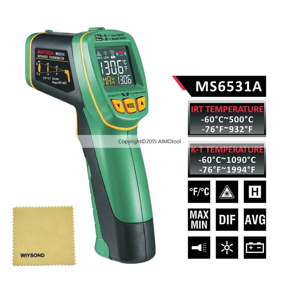 T016 MASTECH MS6531A Handheld Non-contact Infrared Thermometer Point Temperature Gun with K-type Temperature Measurement
T016 MASTECH MS6531A Handheld Non-contact Infrared Thermometer Point Temperature Gun with K-type Temperature Measurement