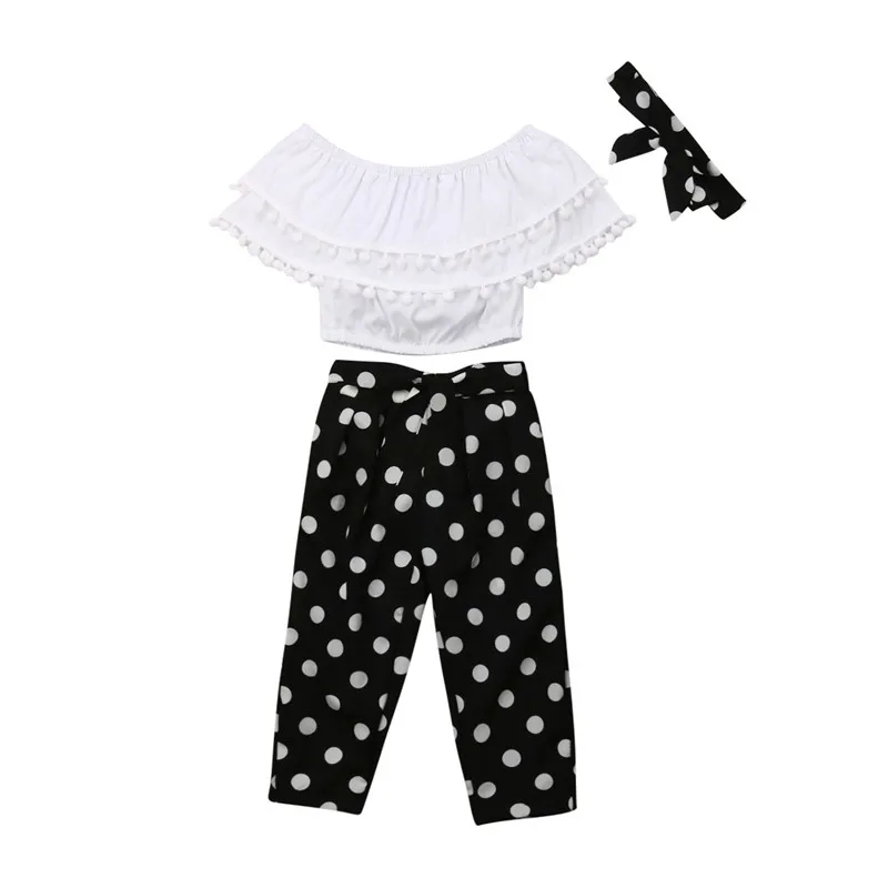 Kids Baby Girl clothes sleeveless solid Ruffle Off-shoulder T-shirts Polka Dot Trousers Bow Geometry Headband 3pc Chiffon Outfit
Kids Baby Girl clothes sleeveless solid Ruffle Off-shoulder T-shirts Polka Dot Trousers Bow Geometry Headband 3pc Chiffon Outfit