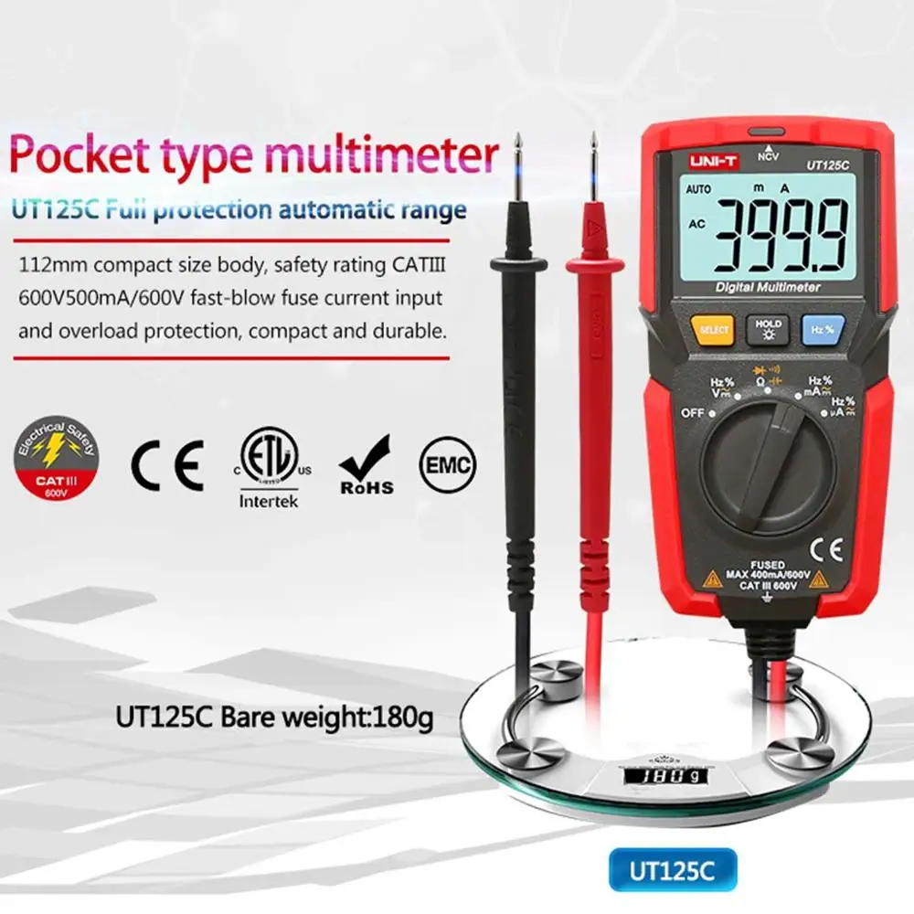 UNI-T UT125C UT125 Digital Multimeter DC/AC 400uA~400mA Resistor Capacitor Frequency Diode NCV Test Low Voltage Display
UNI-T UT125C UT125 Digital Multimeter DC/AC 400uA~400mA Resistor Capacitor Frequency Diode NCV Test Low Voltage Display