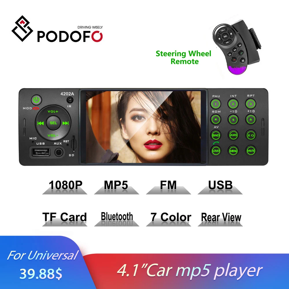 Podofo 4.1" 1 Din Car Radio Stereo USB TF AUX FM Bluetooth MP5 Multimedia Player Steering Wheel Control Auto Audio For Universal
Podofo 4.1" 1 Din Car Radio Stereo USB TF AUX FM Bluetooth MP5 Multimedia Player Steering Wheel Control Auto Audio For Universal