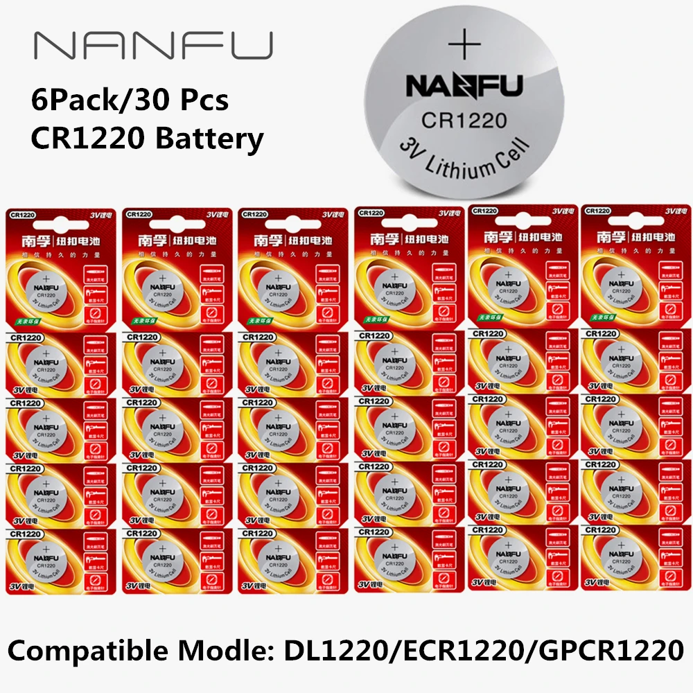 NANFU 6 Pack/30 Pcs 3V Button Battery CR1220 DL1220 ECR1220 GPCR1220 Cell Coin Lithium Li-ion Batteries 12mm*2.0mm
NANFU 6 Pack/30 Pcs 3V Button Battery CR1220 DL1220 ECR1220 GPCR1220 Cell Coin Lithium Li-ion Batteries 12mm*2.0mm