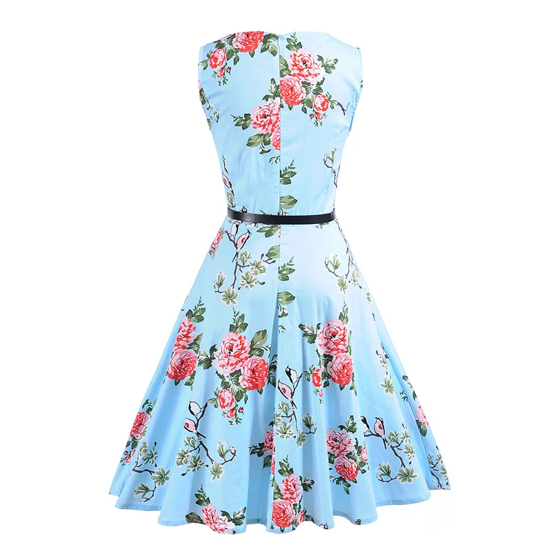 Kostlish Floral Print Summer Dress Women Sleeveless 50s Tunic Vintage Dress With Belt 2017 Elegant Swing Party Dresses Sundress (5)