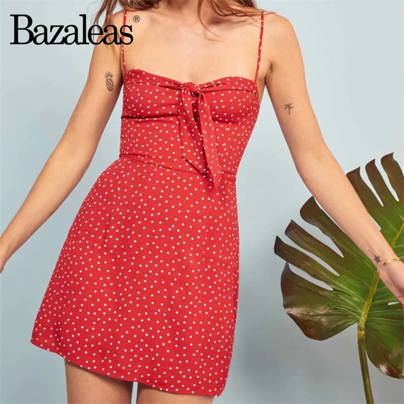Bazaleas Basic Adjust spaghetti strap Bow summer dress Fashion Red Dot Print women dresses Slim Aline vestido drop shipping
Bazaleas Basic Adjust spaghetti strap Bow summer dress Fashion Red Dot Print women dresses Slim Aline vestido drop shipping