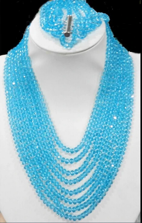 ***** 8 rows jewelry blue Crystal beads chain necklace, 5 rows Bracelet sets AAA0066