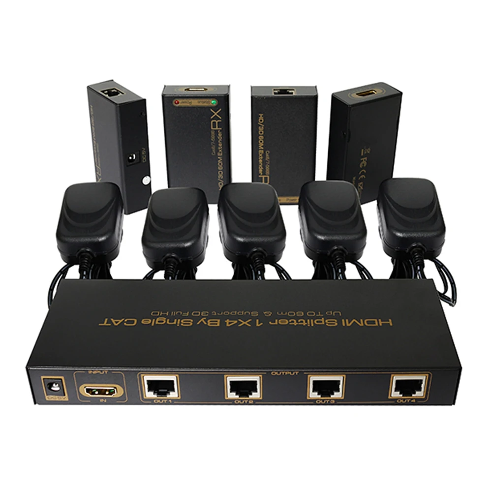 HDMI 1x4 Extender HDMI Splitter Extender by Cat6/7 cable up to 60M 1 TX and 4 RX Transmitter Receiver
HDMI 1x4 Extender HDMI Splitter Extender by Cat6/7 cable up to 60M 1 TX and 4 RX Transmitter Receiver