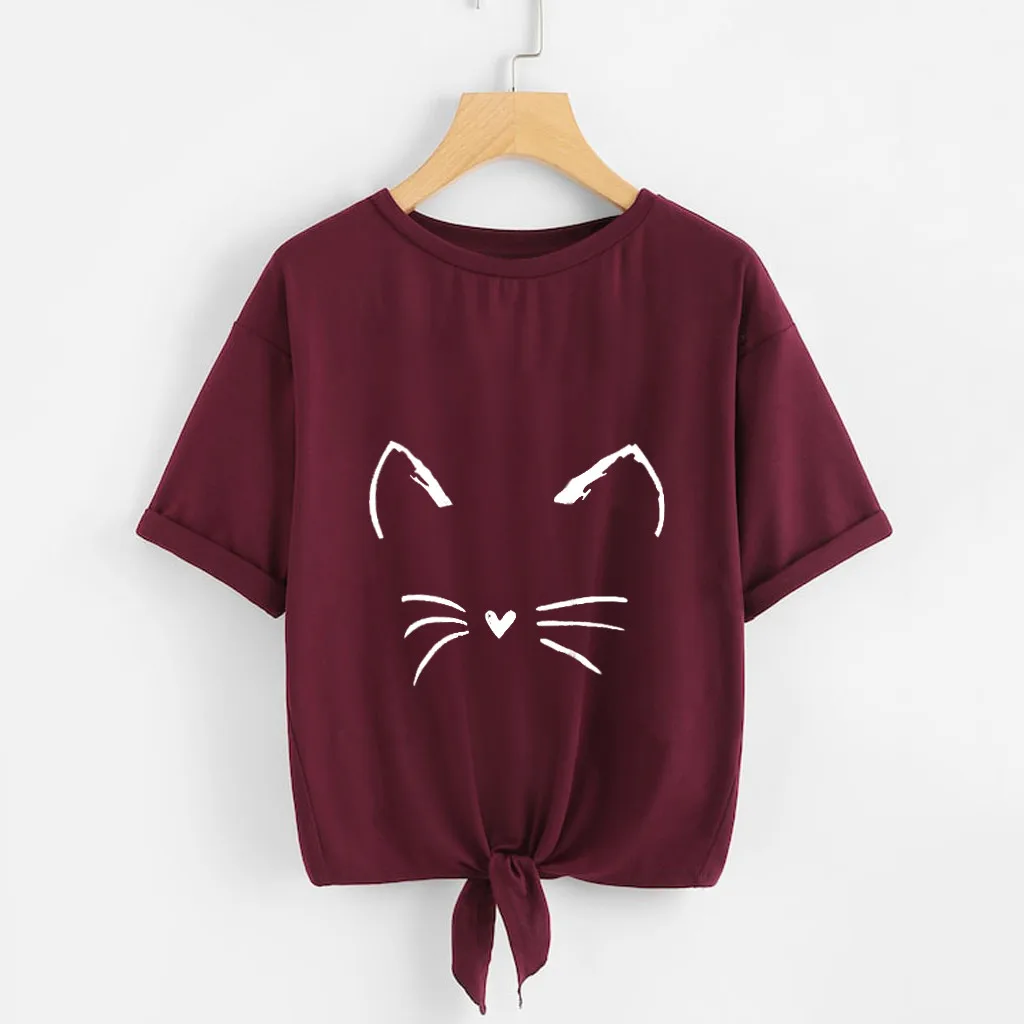 Womens Casual T Shirt Solid Cat Print Short Sleeve Tie Up Daily Tee T-Shirt Tops poleras de mujer moda 2018 chemise femme NEW
Womens Casual T Shirt Solid Cat Print Short Sleeve Tie Up Daily Tee T-Shirt Tops poleras de mujer moda 2018 chemise femme NEW