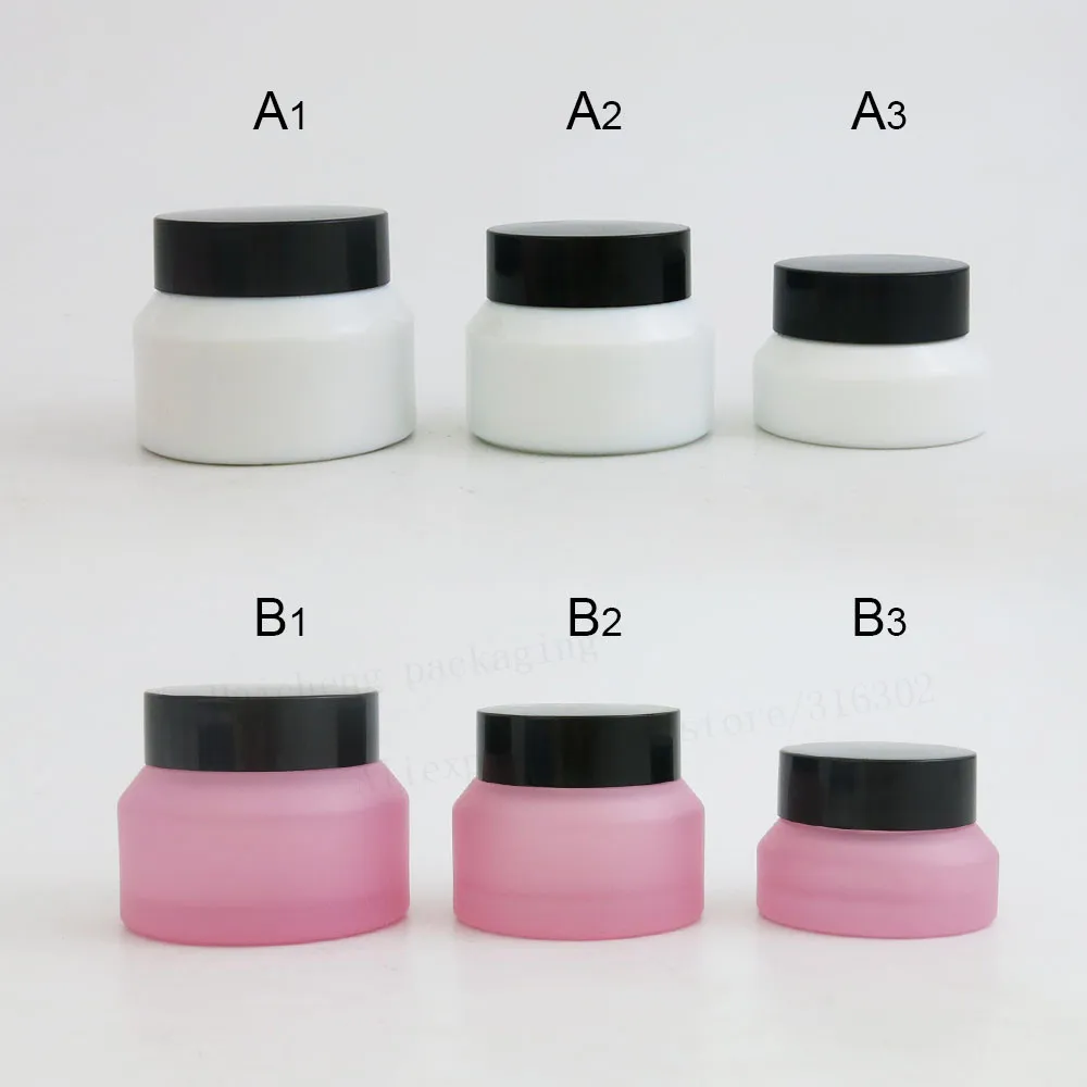 

12 x 15G 30G 50G Pink White Make up Glass Jar With Black Lids Seal 1oz Container Cosmetic Packaging, 15G Glass Skin Care Pot