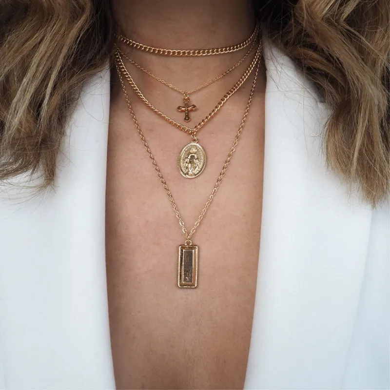 Фото Ufavoirte New Summer Multilayer cross Gold color Choker Necklace for women Short Pendant Chain Necklaces & Pendants chokers | Украшения