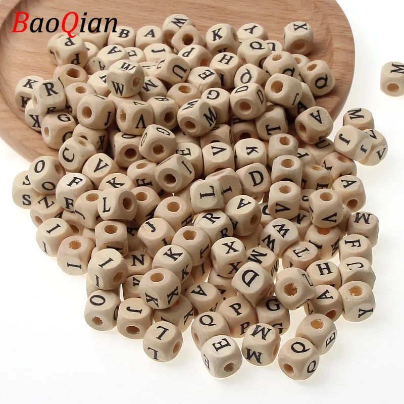 100PCs Natural Mixed A-Z Alphabet// Letter Cube Wooden Bead DIY Craft 10mm Hot