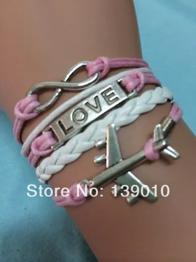 Фото Wholesale Braided White Pink Leather Cord LOVE Symbol Aircraft Infinity Friendship Bracelet Bangle Fashionable Women Men Jewelry | Украшения