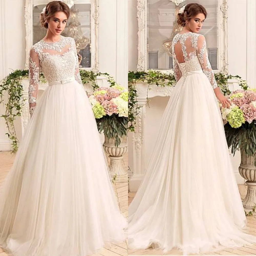 New Hot Long Sleeve Wedding Dress See Through Appliques A-Line Tulle Gowns Court train Lace up Bridal Gowns Vestidos De Noiva
New Hot Long Sleeve Wedding Dress See Through Appliques A-Line Tulle Gowns Court train Lace up Bridal Gowns Vestidos De Noiva