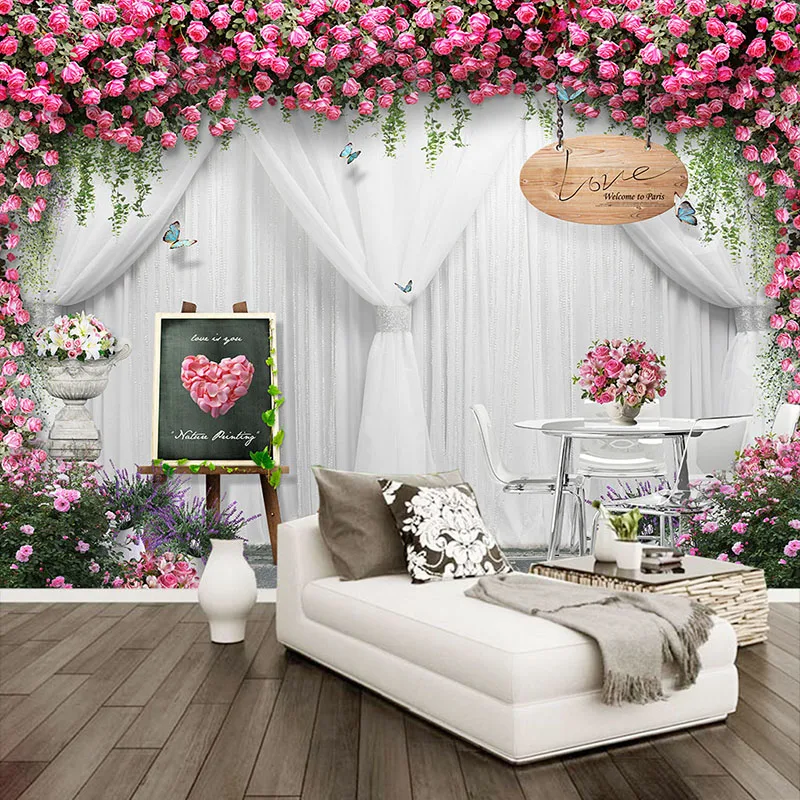 

Custom Any Size Mural Wallpaper 3D Romantic Rose Curtain Wedding House Photo Wall Papers Wedding Services 3D Backdrop Wall Decor