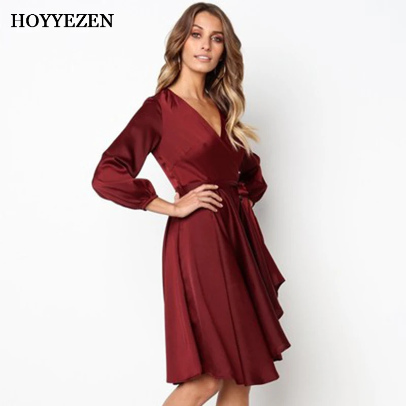 Hoyyezen 2019 new women dress Women's spring and summer solid color long-sleeved V-neck silk dress
Hoyyezen 2019 new women dress Women's spring and summer solid color long-sleeved V-neck silk dress