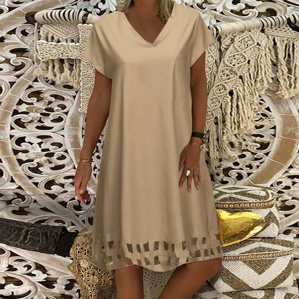 Women Summer Dress Solid V-Neck Short-Sleeve Cotton And Linen Loose Dress Casual dresses woman party night vestidos verano 2019 
Women Summer Dress Solid V-Neck Short-Sleeve Cotton And Linen Loose Dress Casual dresses woman party night vestidos verano 2019