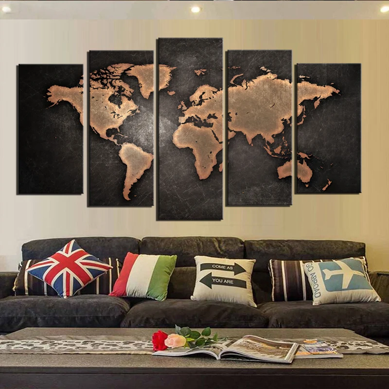 Image Unframed 5 pcs Retro World Map Fine Art Print on Canvas for Living Room Bedroom Wall Decoration(Size25x50cmx2 25x60cmx2 25x70cm)