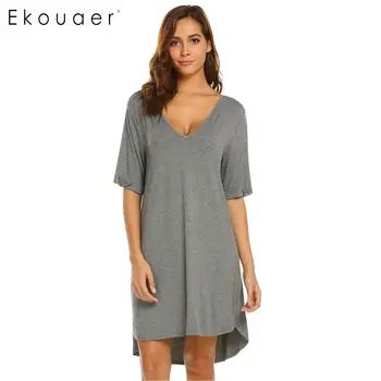 

Ekouaer Loose Nightgown Nightie Dress Women Solid V-Neck Short Sleeve Nightdress Chemise Sleepshirt Female Sleep Dress Homewear