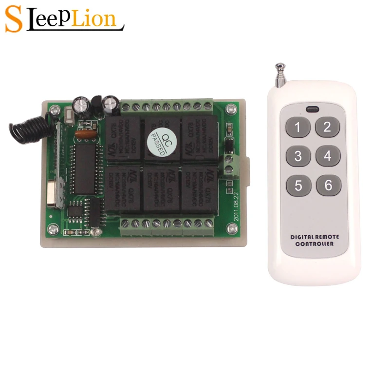 Sleeplion 12V 6CH 6 Way Wireless Switch Transmitter+Receiver Learning Code Control 6 Channel 12V ON/OFF Module PCB Board 
Sleeplion 12V 6CH 6 Way Wireless Switch Transmitter+Receiver Learning Code Control 6 Channel 12V ON/OFF Module PCB Board