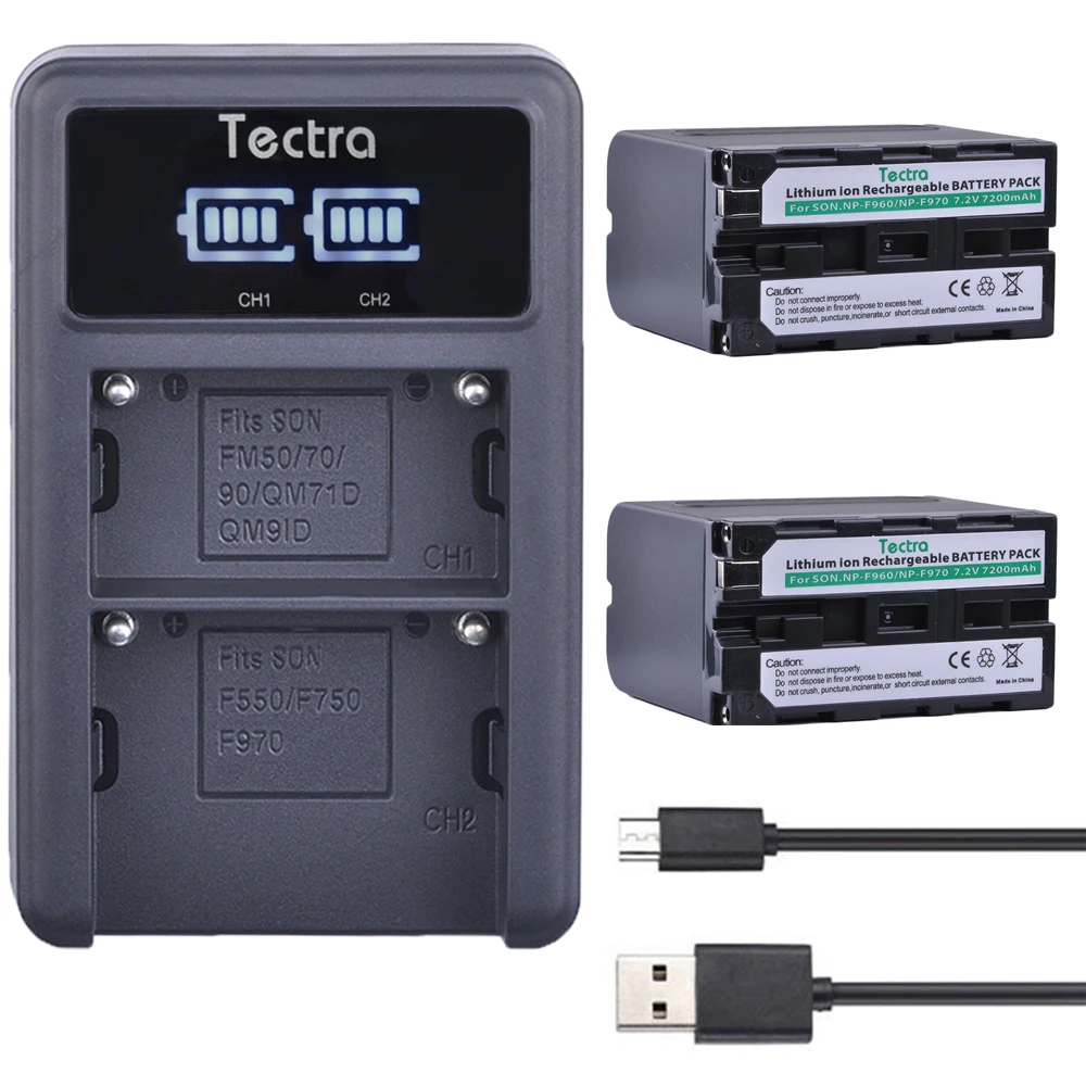 Tectra 2pcs 7200mAh NP-F960 NP-F970 NP F970 F960 Battery + LED Display Universal USB Dual Charger for Sony Video Cameras | Электроника