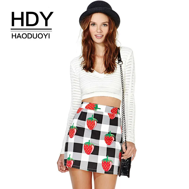 

HDY Haoduoyi Brand 2019 Black White Plaid Strawberry Print Preppy Style Women Skirts High Waist Female Bottom Sweet Mini Skirts