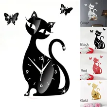 Cute Cat Butterfly Mirror Black Wall Clock Modern Design Home Decor Watch Wall Sticker T0 2