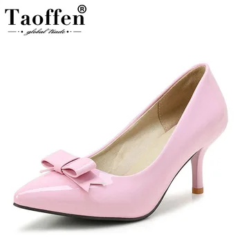 

TAOFFEN 4 color size 34-43 sexy women bownot high heel shoes women bowtie patent leather thin heels pumps party wedding footwear