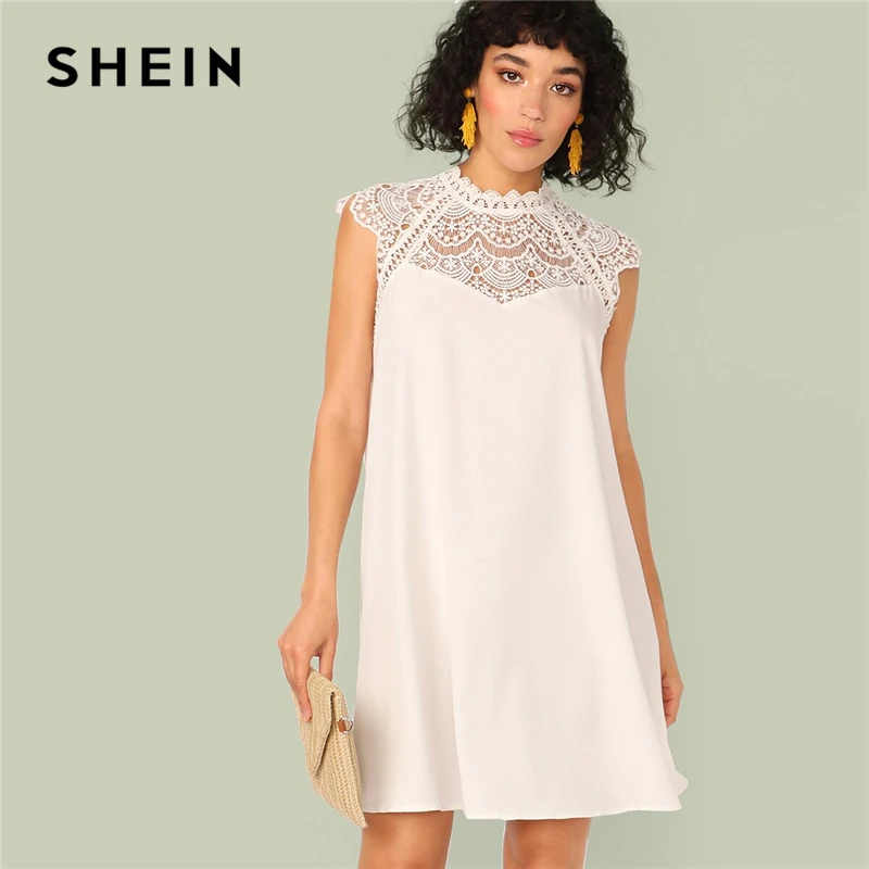 

SHEIN Keyhole Back Lace Insert Swing Dress 2019 Summer White Solid Women Button Stand Collar Cap Sleeve Straight Dresses