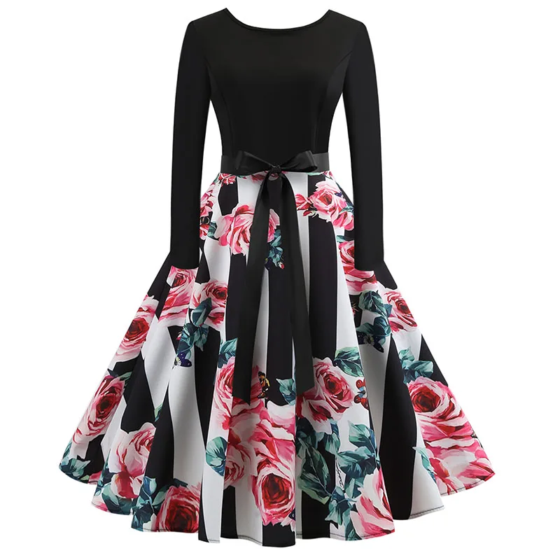 2019 Autmn Winter Long Sleeve Dress Women Floral Printed Vintage Dress Casual Work Party Dresses Black Patchwork Dress
2019 Autmn Winter Long Sleeve Dress Women Floral Printed Vintage Dress Casual Work Party Dresses Black Patchwork Dress