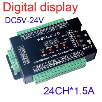 DC5V-24V Digital display 24CH Easy dmx512 DMX decoder,LED dimmer each channel Max 3A,24CH*1.5A, 24LU led 8 groups RGB controller
DC5V-24V Digital display 24CH Easy dmx512 DMX decoder,LED dimmer each channel Max 3A,24CH*1.5A, 24LU led 8 groups RGB controller