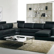 Черный кожаный диван современный большой размер u образный с