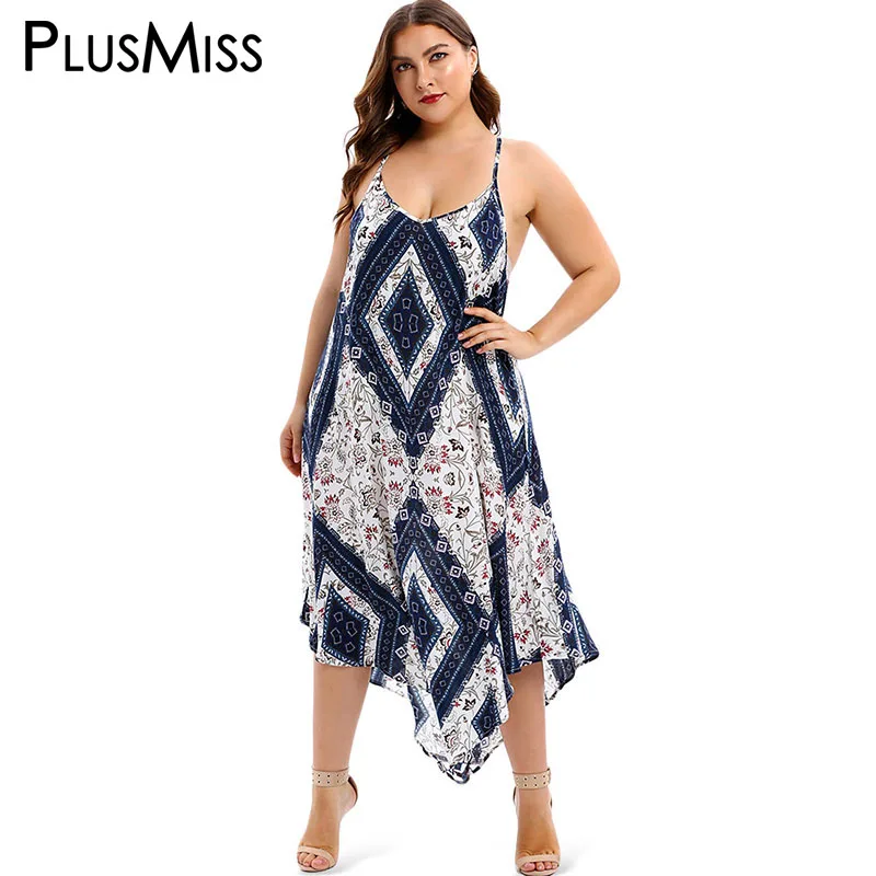 

PlusMiss Plus Size XXXXL XXXL XXL Sexy Beach Boho Printed Spaghetti Strap Floral Dress Women Big Size Sunmmer Ethnic Sundress