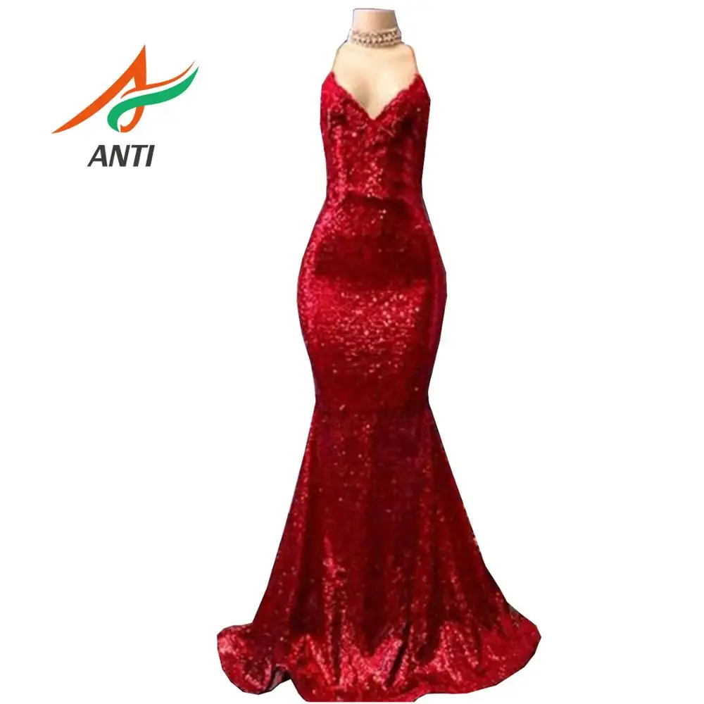 

ANTI Sexy Sparkle Red Sequined Mermaid Prom Dresses 2019 Deep V-neck Backless Long Prom Gown Elastic Plus Size Vestido Formatura