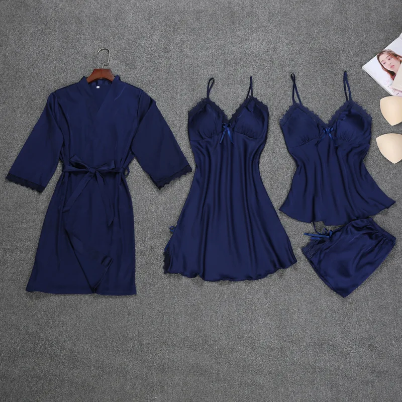 4 Pieces Ladies Sexy Silk Satin Sleepwear Set Include Robe+Nightdress+Top+Pant Lace Nightwear Summer Homewear For Women
4 Pieces Ladies Sexy Silk Satin Sleepwear Set Include Robe+Nightdress+Top+Pant Lace Nightwear Summer Homewear For Women