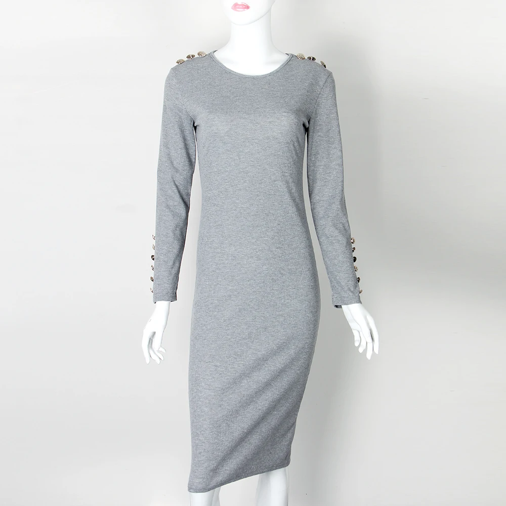 grey Long Sleeve Knitted Bodycon Midi Dress 