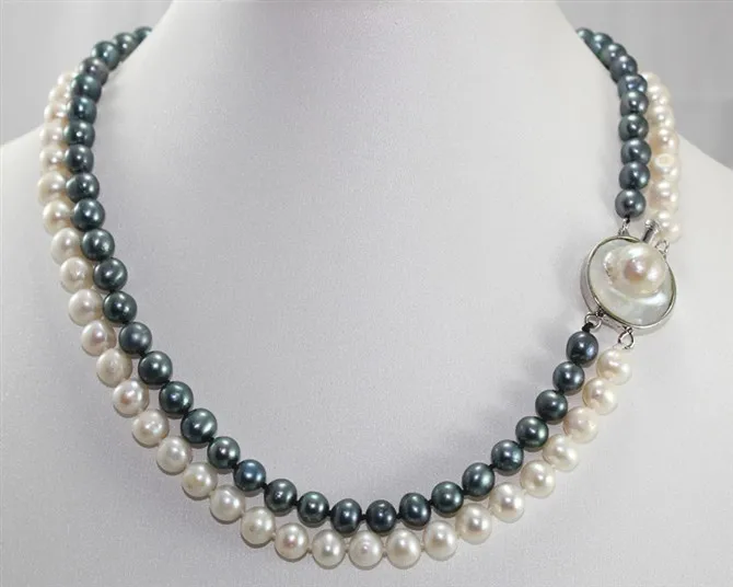 Free shipping@@@@@ latest design 2 rows 8-9mm white and black cultured freshwater pearl necklace a 
Free shipping@@@@@ latest design 2 rows 8-9mm white and black cultured freshwater pearl necklace a