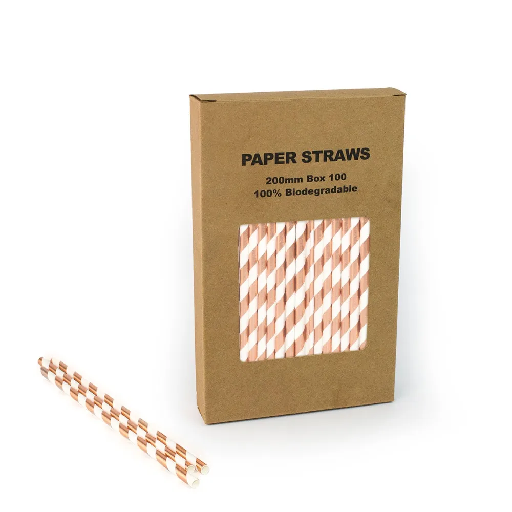 

Free Shipping 100% Biodegradable Paper Straws Drinking Paper Straws Rose Gold Stripe Paper Straws 104 Box(100pcs)