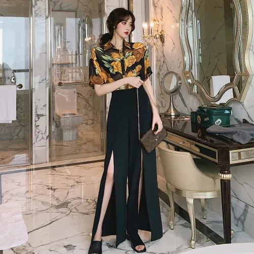 Retro Style 2 Piece Set Women Turn-down Collar Short Sleeves Tops Single Breasted Open Spilt Black Full Length Pants Brief
Retro Style 2 Piece Set Women Turn-down Collar Short Sleeves Tops Single Breasted Open Spilt Black Full Length Pants Brief