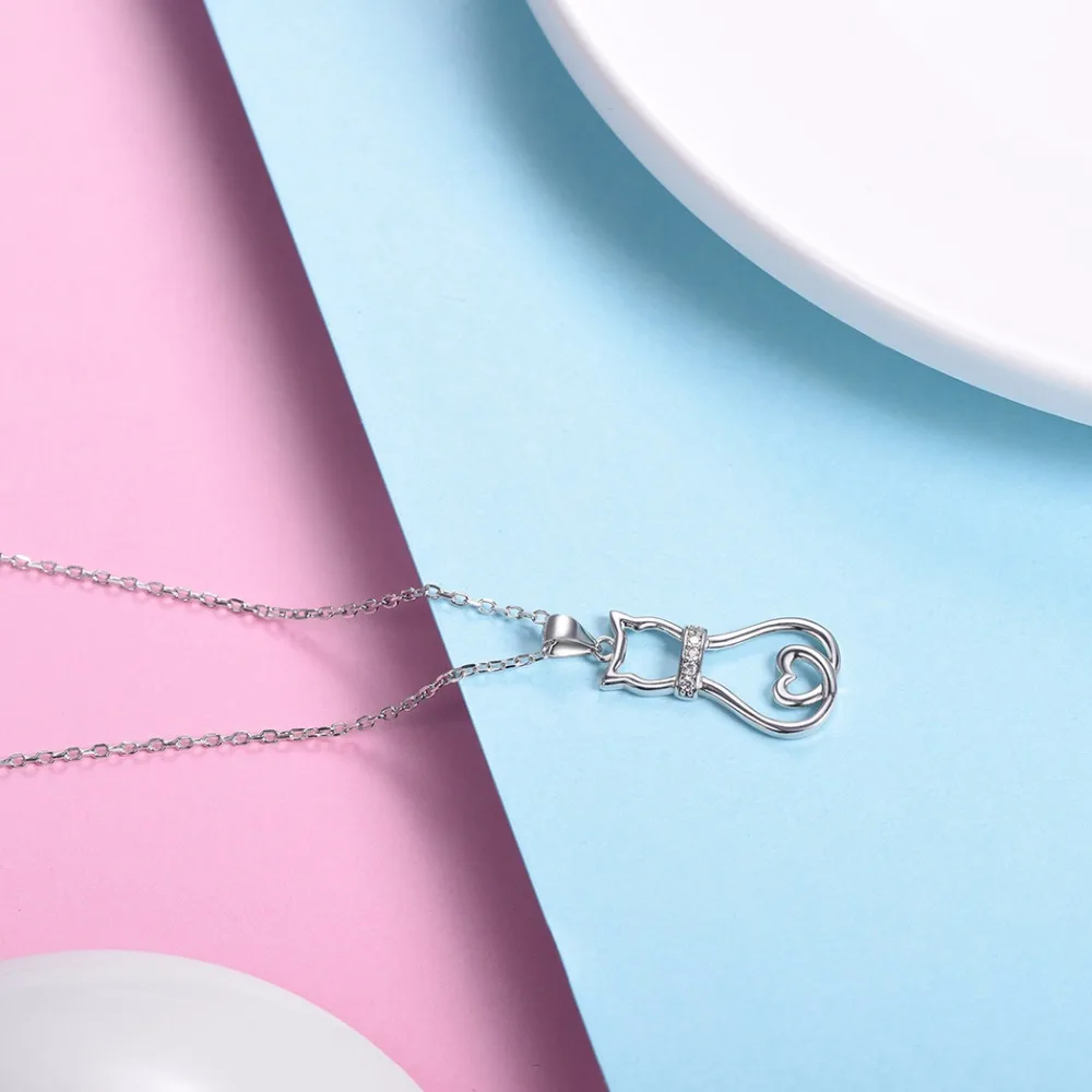 Lovely Cute Animal CZ Women's Fashion Jewelry Sterling Silver Cat Pendant Necklace - PeticaDeals